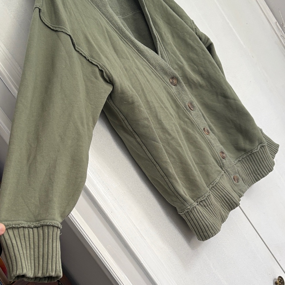 aerie Olive Green Button-Front V-Neck Cardigan Sweatshirt - Picture 9 of 13